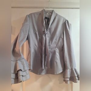 Elegant Gray Ruffle Sleeve Blouse. Medium